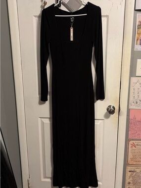 SKIMS Black Long-Sleeve Maxi Dress with Scoop Neck